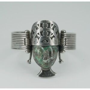 Vintage Los Ballesteros Taxco 925 Silver Bracelet Carved Stone Aztec Warrior‎